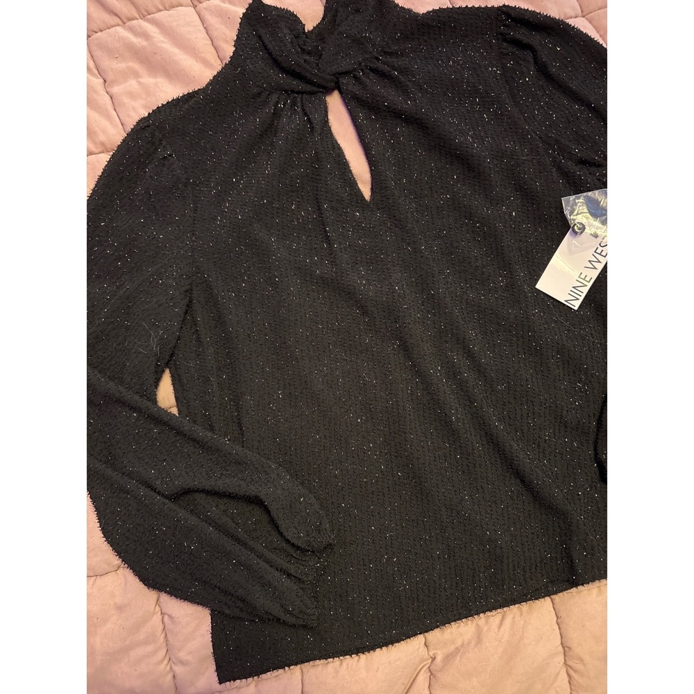NEW Nine West Womens Black Longsleeve Tie Neck Sparkle Blouse Top, Size M - Picture 3 of 9